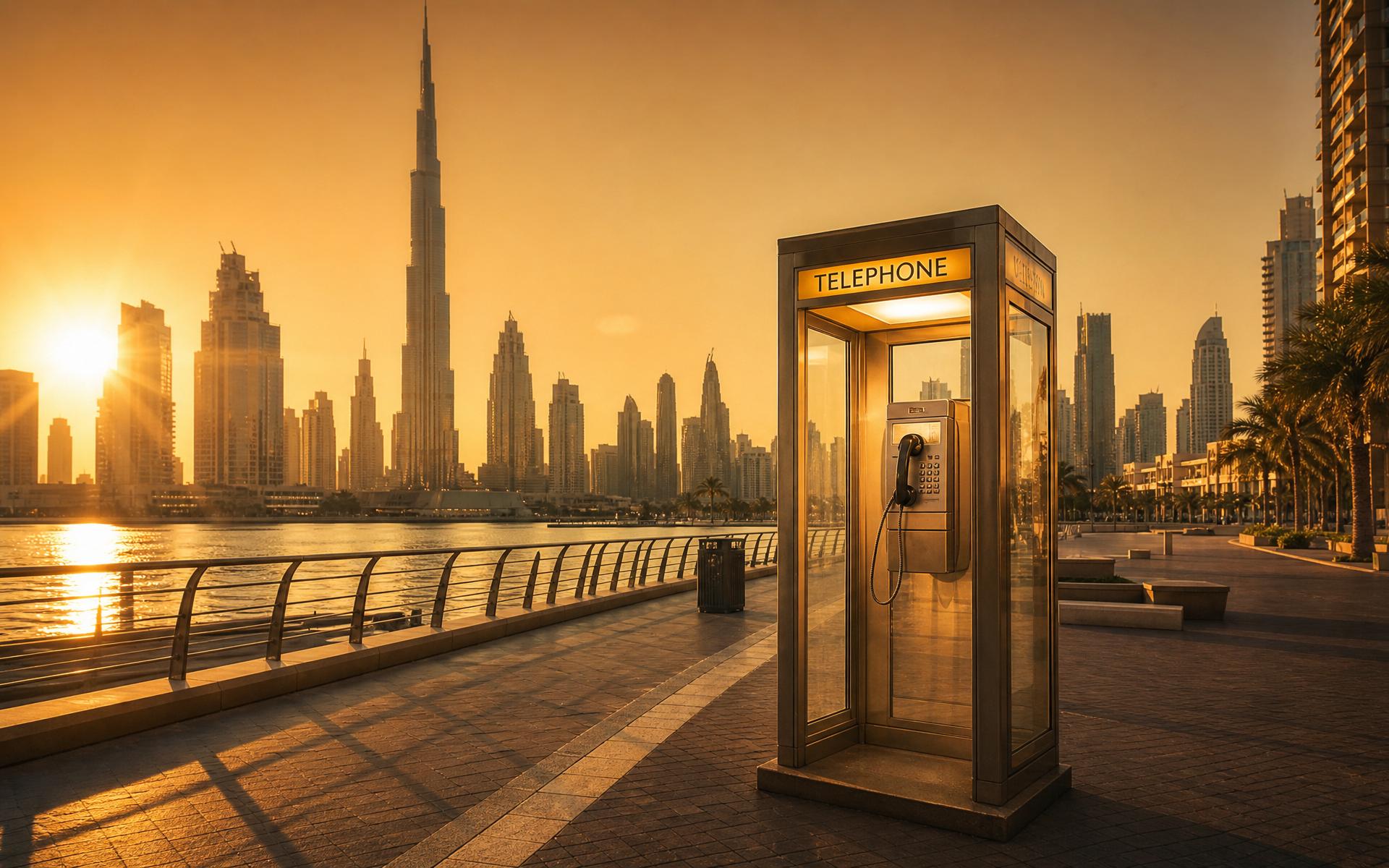 A lone glass phone booth on the Dubai waterfront at golden hour, with the Burj Khalifa and Marina skyline behind it.