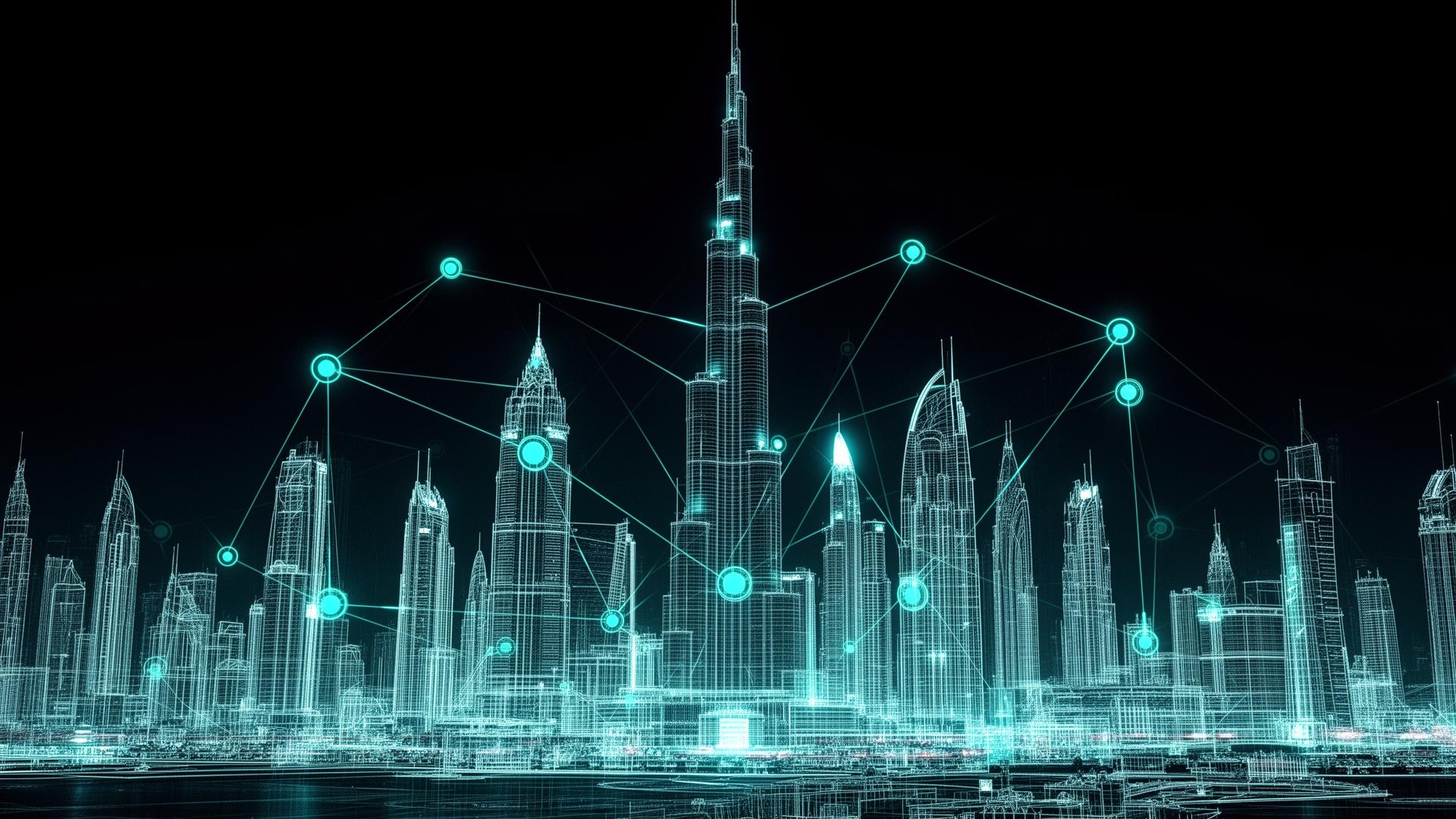 Wireframe rendering of the Dubai skyline with gold data nodes connecting skyscrapers